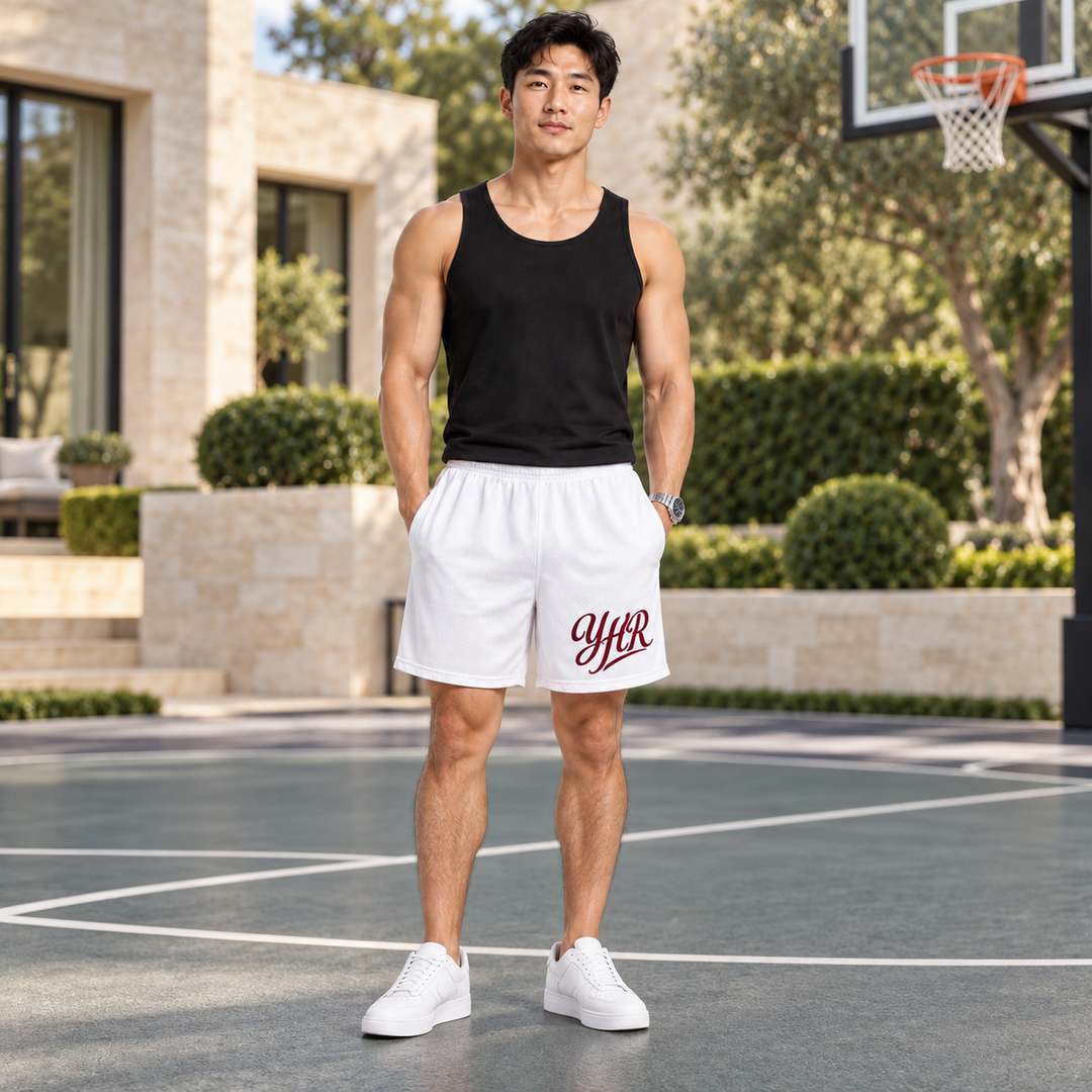 AI-generated lifestyle styling image of YHR Mesh Shorts in an upscale setting.