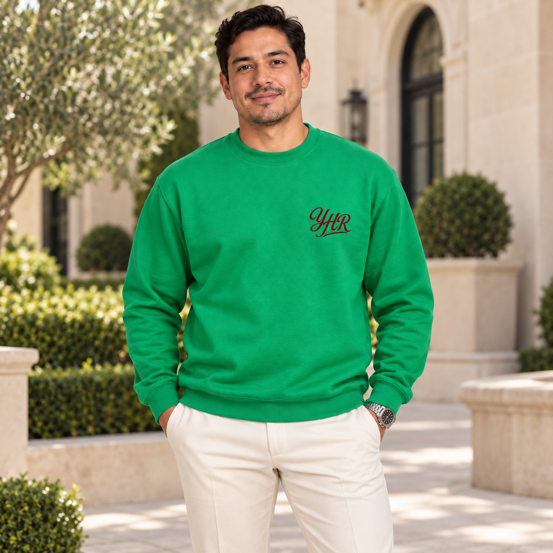 AI-generated lifestyle styling image of YHR Script Classic Crewneck Sweatshirt – Light in an upscale setting.