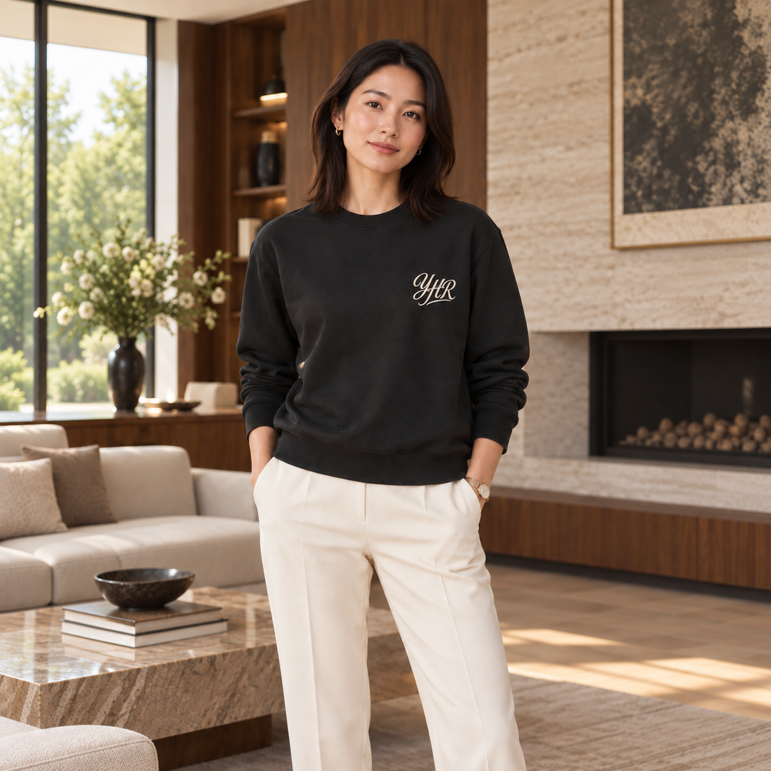 AI-generated lifestyle styling image of YHR Script Garment-Dyed Fleece Crewneck – Dark.