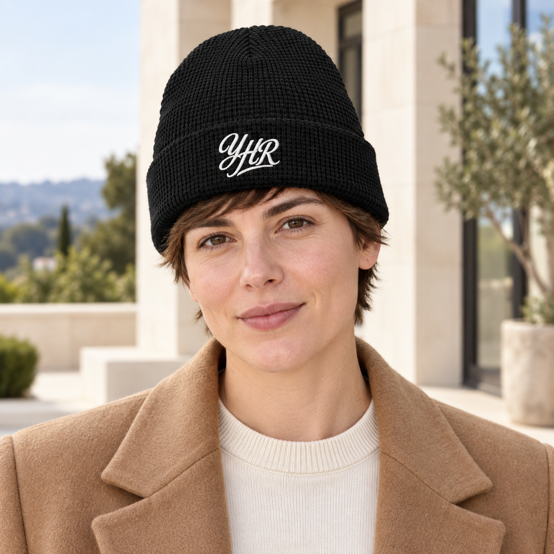 AI-generated lifestyle styling image of YHR Script Waffle Beanie.