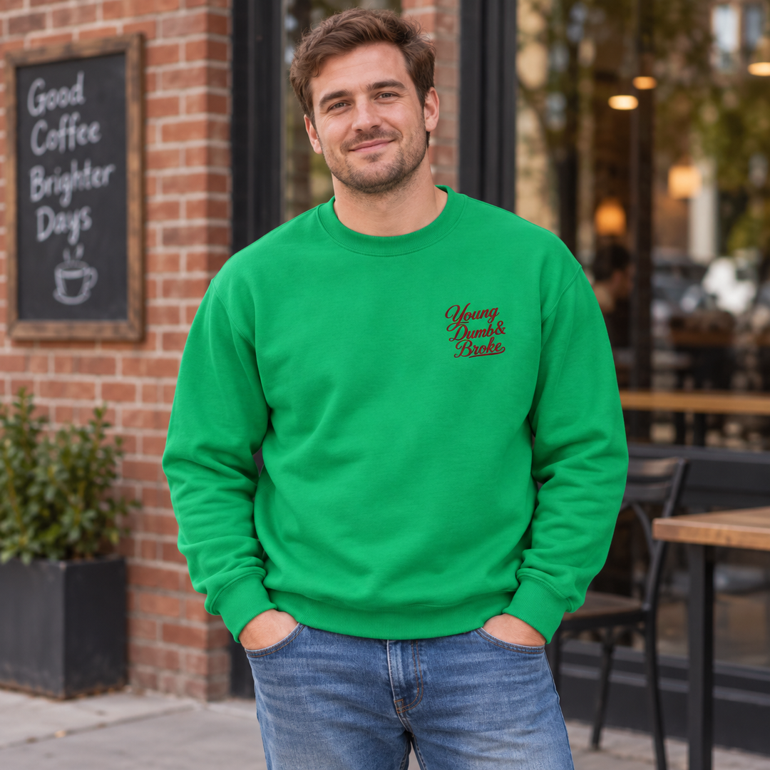 AI-generated lifestyle styling image of Young Dumb & Broke Classic Crewneck Sweatshirt – Light.