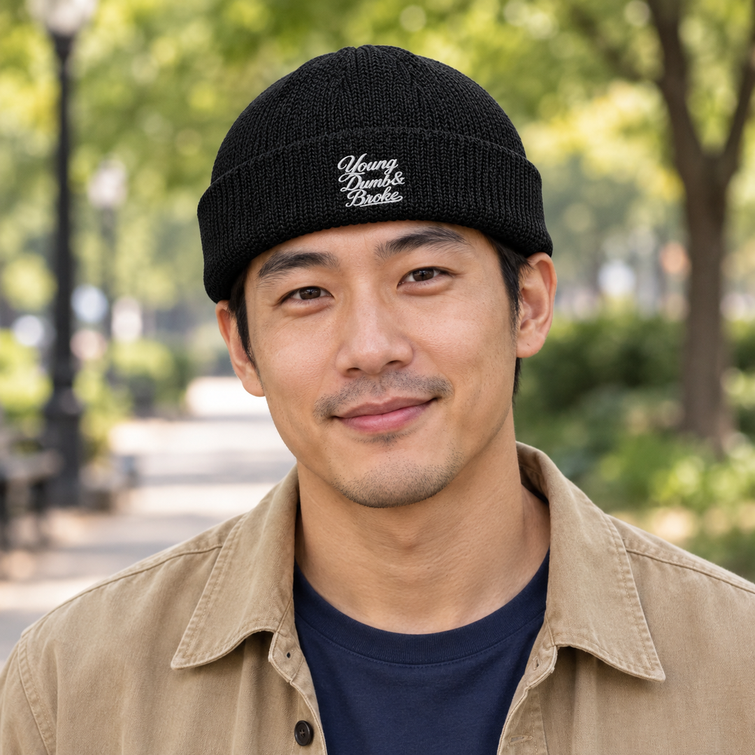 AI-generated lifestyle styling image of Young Dumb & Broke Fisherman Beanie.