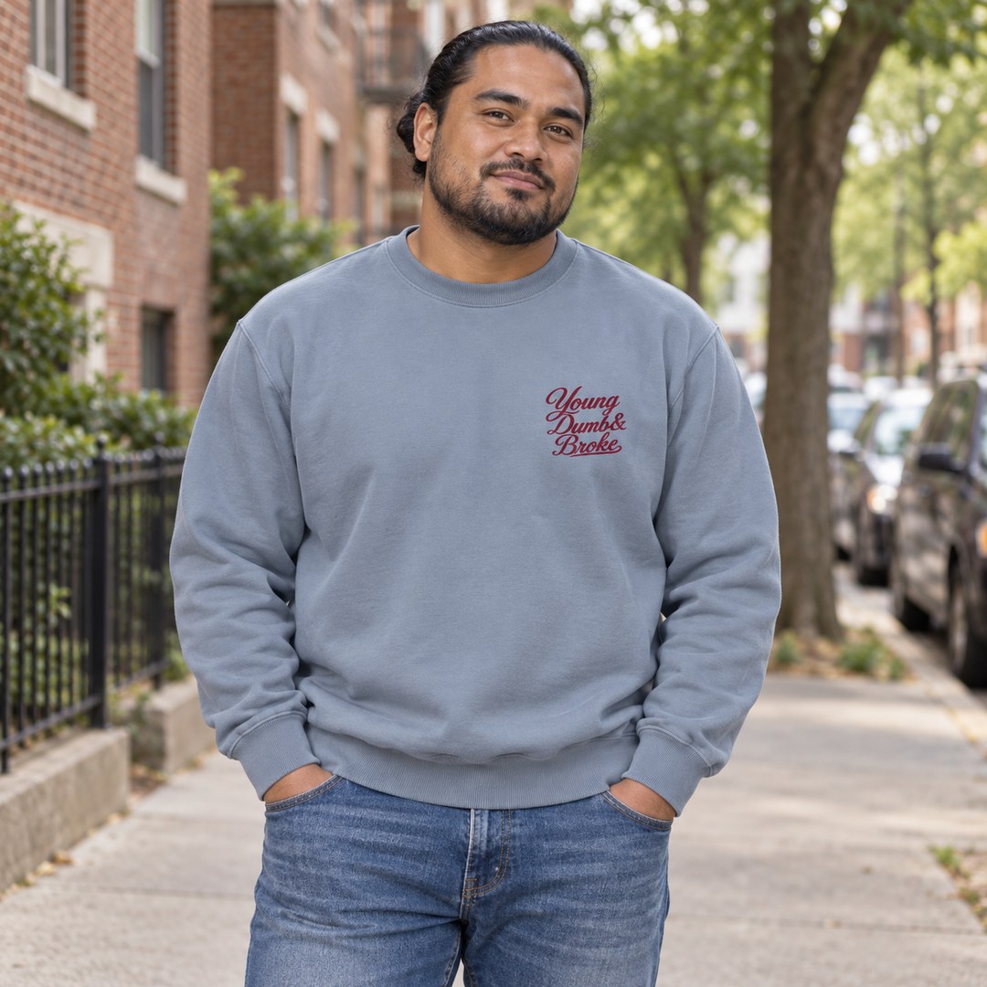 AI-generated lifestyle styling image of Young Dumb & Broke Garment-Dyed Fleece Crewneck – Light.