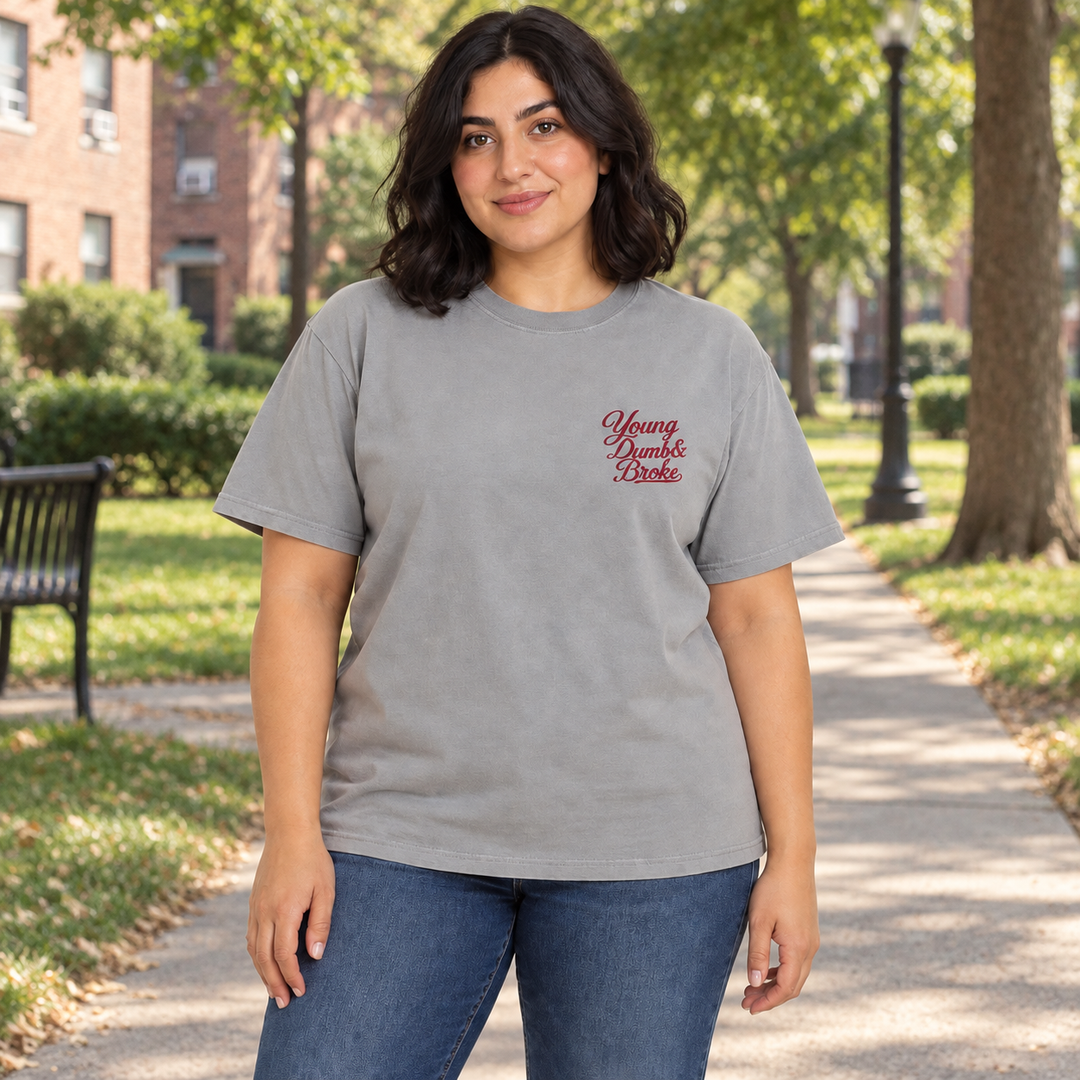 AI-generated lifestyle styling image of Young Dumb & Broke Garment-Dyed Heavyweight T-Shirt – Light in an everyday neighborhood setting.