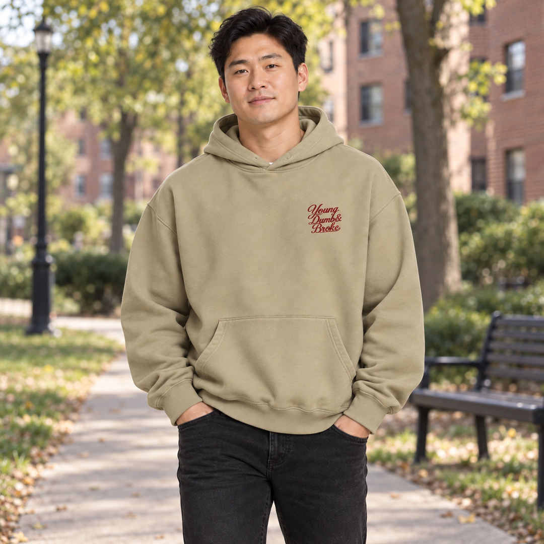 AI-generated lifestyle styling image of Young Dumb & Broke Oversized Hoodie – Light in an everyday neighborhood setting.