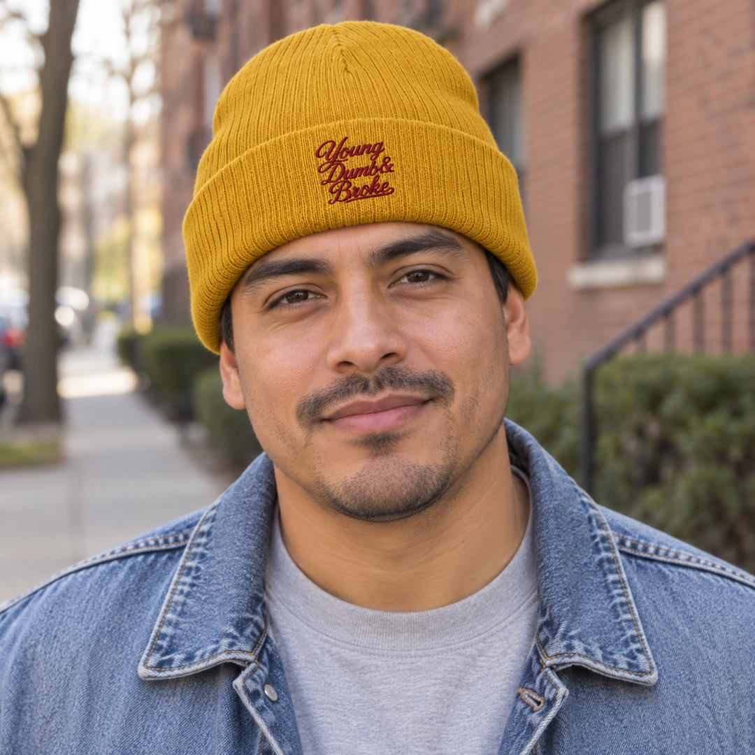 AI-generated lifestyle styling image of Young Dumb & Broke Ribbed Knit Beanie – Color Collection.