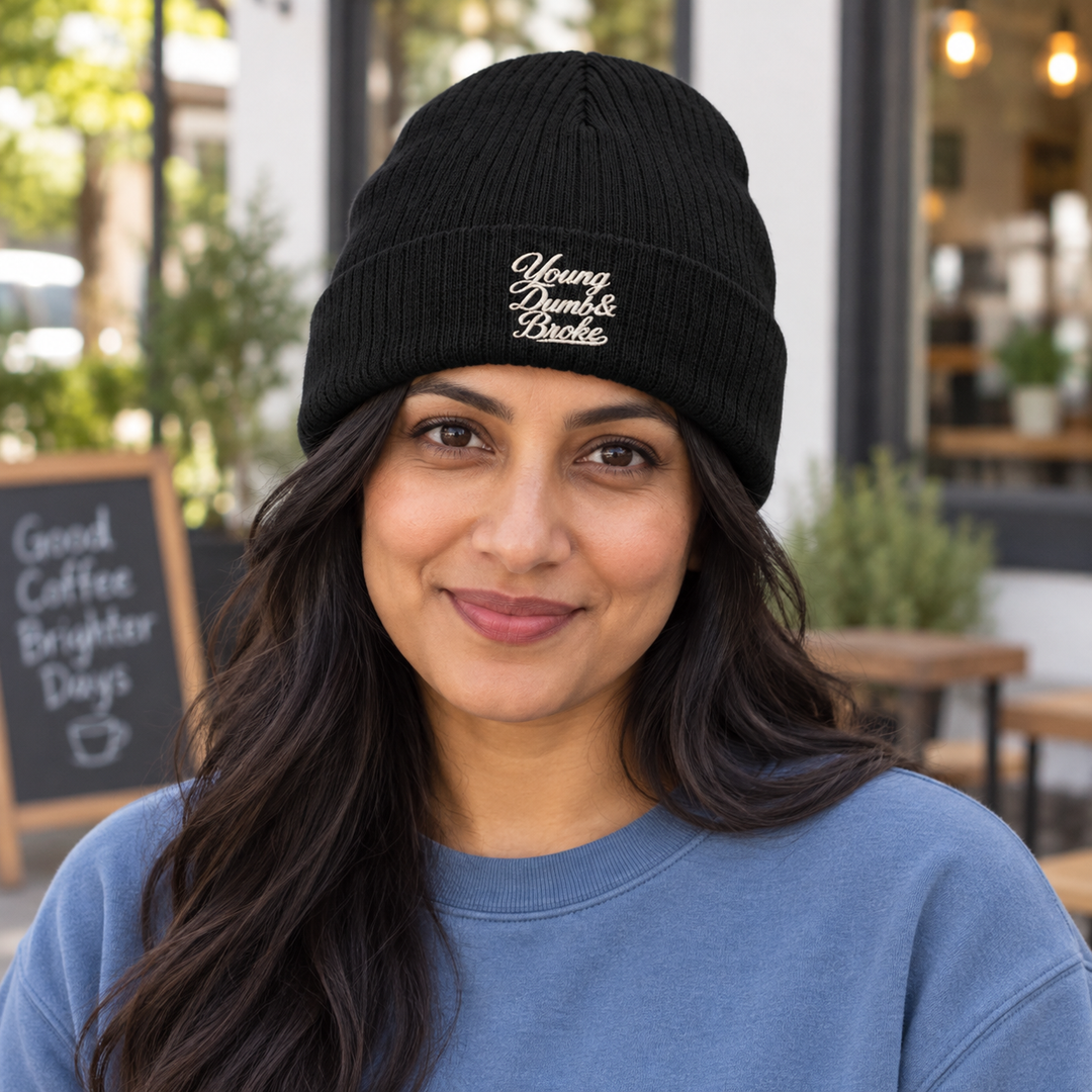 AI-generated lifestyle styling image of Young Dumb & Broke Ribbed Knit Beanie – Neutrals.