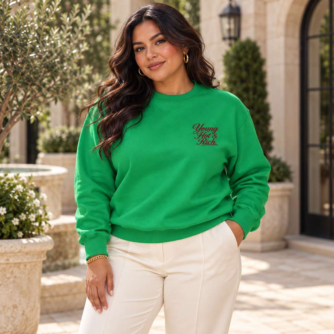 AI-generated lifestyle styling image of Young Hot & Rich Classic Crewneck Sweatshirt – Light.