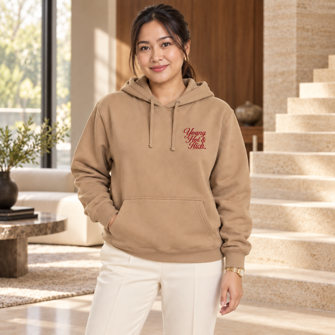 AI-generated lifestyle styling image of Young Hot & Rich Classic Pullover Hoodie – Light in an upscale setting.