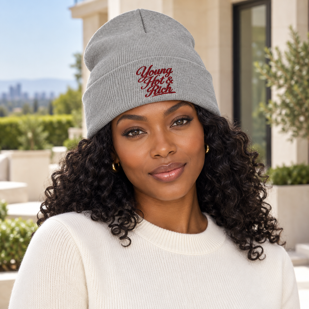 AI-generated lifestyle styling image of Young Hot & Rich Cuffed Beanie.
