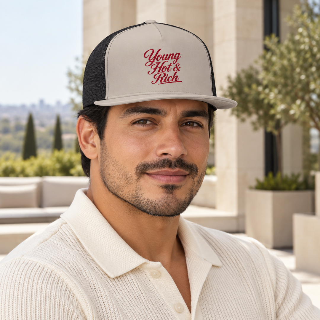 AI-generated lifestyle styling image of Young Hot & Rich Five-Panel Trucker Cap.
