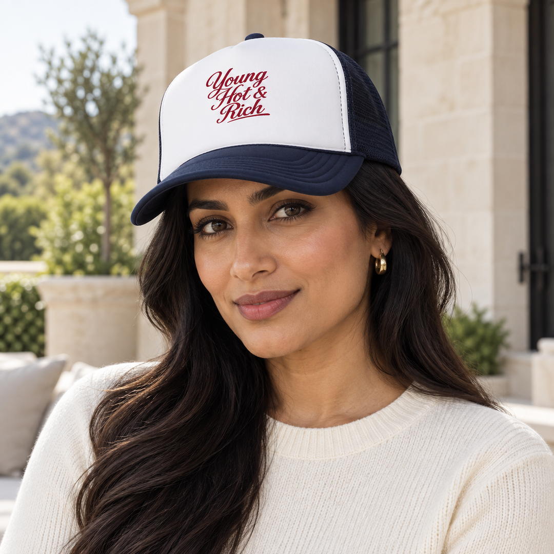 AI-generated lifestyle styling image of Young Hot & Rich Foam Trucker Hat.