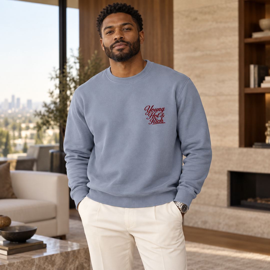 AI-generated lifestyle styling image of Young Hot & Rich Garment-Dyed Fleece Crewneck – Light.