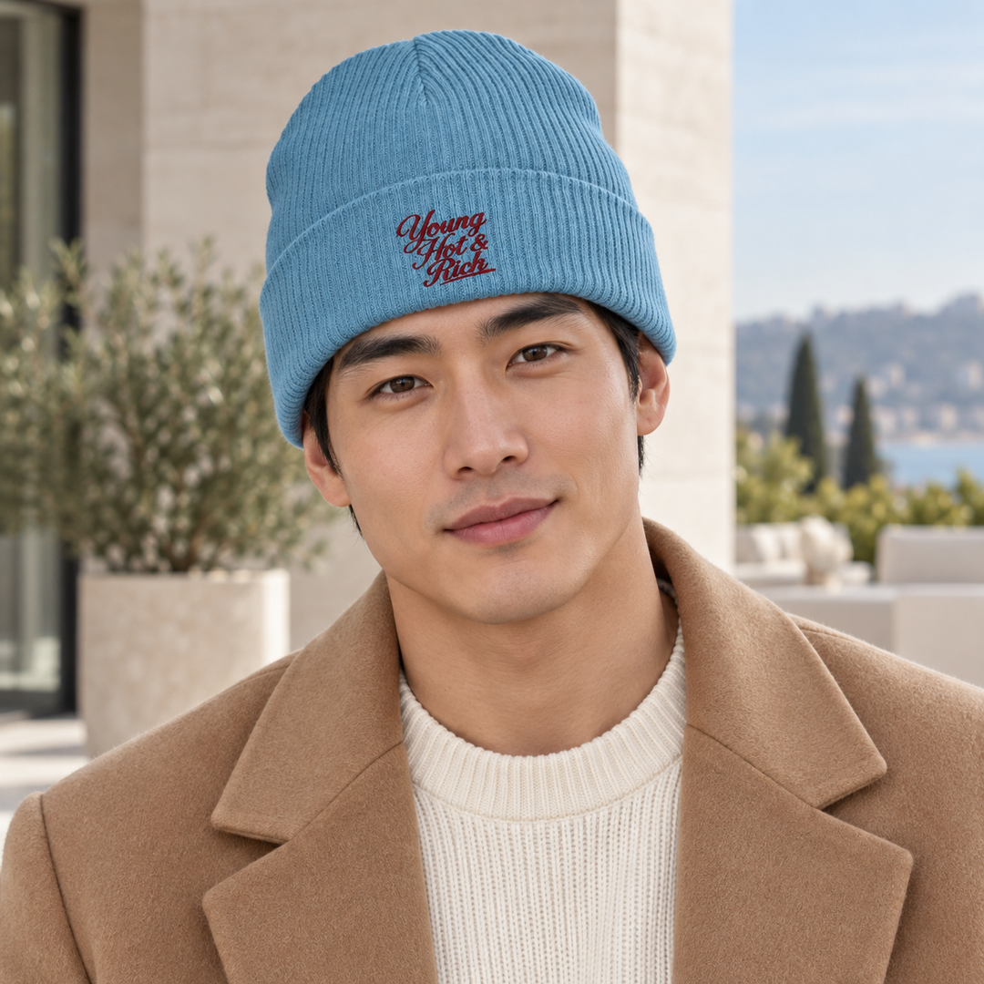 AI-generated lifestyle styling image of Young Hot & Rich Organic Ribbed Beanie.